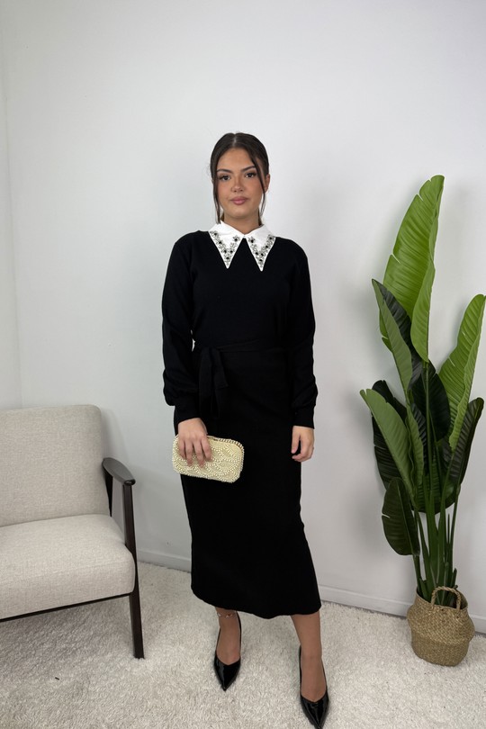 AJ306 Robe Marine – Maille ceinturée-NOIR