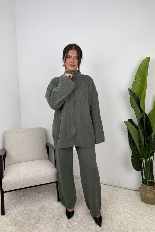 S36 Ensemble Alizé – Maille torsadée zippée-KAKI
