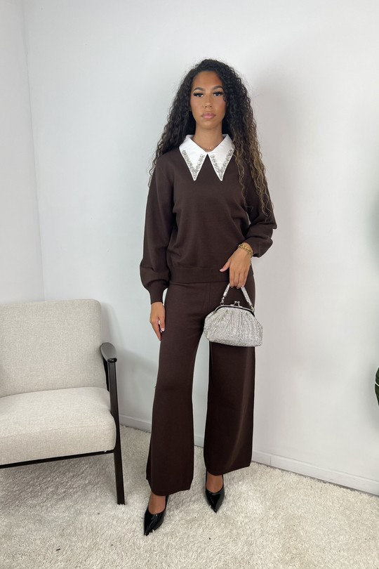 AJ292 Ensemble Maille Soléane-MARRON FONCÉ