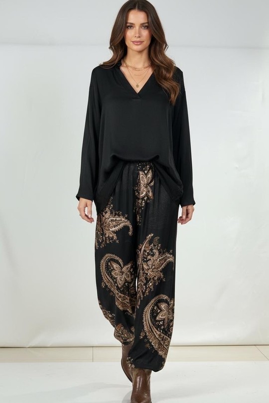Pantalon satin viscose imprimé-BRUN FONCÉ