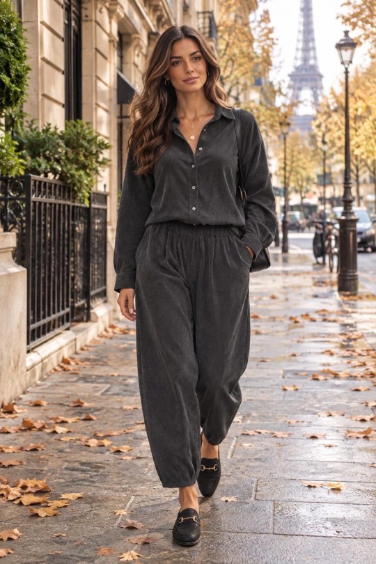 Ensemble Pantalon Chemise Velours-GRIS FONCÉ