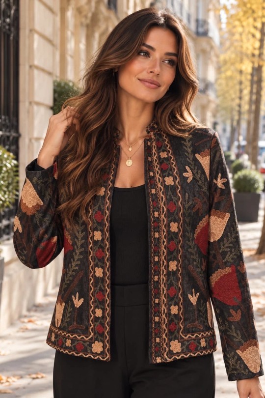 Veste Kimono imprimée broderie-NOIR IRISÉ