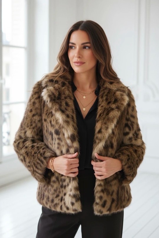 veste fourrure léopard.-CHAMPAGNE