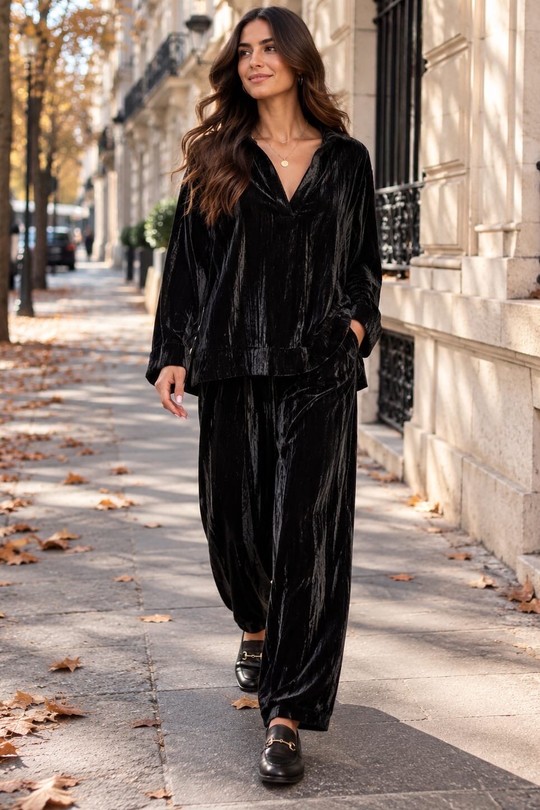 Emsemble pantalon blouse. velours froissé-NOIR