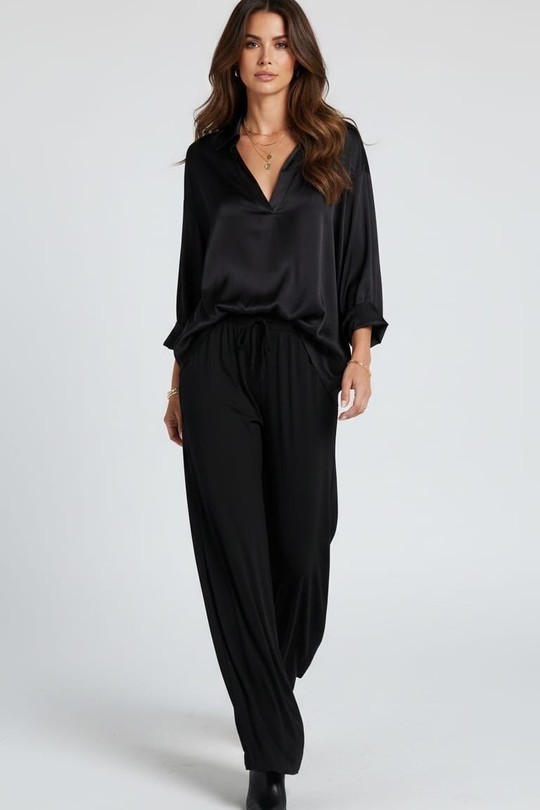 PANTALON satin de viscose UNI-NOIR