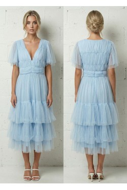 Robe Mi-Longue Bleu Ciel Tulle Froncé et Volants 6575-BLEU
