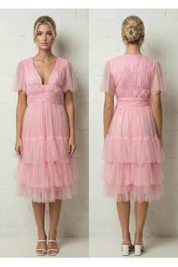 Robe Mi-Longue Bleu Ciel Tulle Froncé et Volants 6575-BLEU