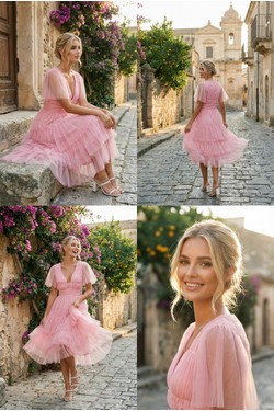 Robe Mi-Longue Bleu Ciel Tulle Froncé et Volants 6575-BLEU