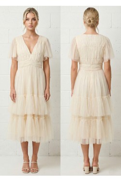 Robe Mi-Longue Bleu Ciel Tulle Froncé et Volants 6575-BLEU