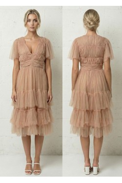 Robe Mi-Longue Bleu Ciel Tulle Froncé et Volants 6575-BLEU