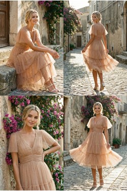 Robe Mi-Longue Bleu Ciel Tulle Froncé et Volants 6575-BLEU