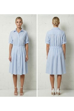 Robe Chemise Mi-Longue Bleu Ciel Rayée Manches Courtes 6527-BLEU