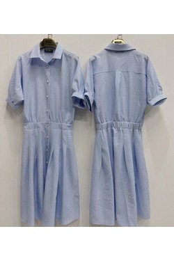 Robe Chemise Mi-Longue Bleu Ciel Rayée Manches Courtes 6527-BLEU