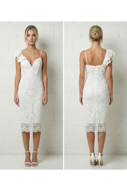 Robe Midi Blanche Dentelle Bretelle Asymétrique Volantée 6505-BLANC