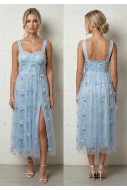 Robe Midi Bleu Ciel Fendue Fleurs 3D Tulle et Nœuds Épaules 6576-BLEU