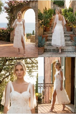 Robe Midi Bleu Ciel Fendue Fleurs 3D Tulle et Nœuds Épaules 6576-BLEU