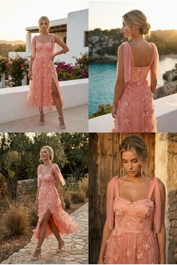 Robe Midi Bleu Ciel Fendue Fleurs 3D Tulle et Nœuds Épaules 6576-BLEU