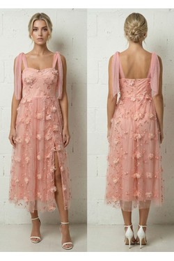 Robe Midi Bleu Ciel Fendue Fleurs 3D Tulle et Nœuds Épaules 6576-BLEU