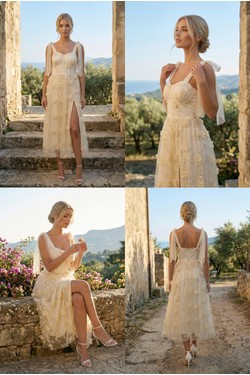 Robe Midi Bleu Ciel Fendue Fleurs 3D Tulle et Nœuds Épaules 6576-BLEU