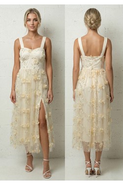 Robe Midi Bleu Ciel Fendue Fleurs 3D Tulle et Nœuds Épaules 6576-BLEU