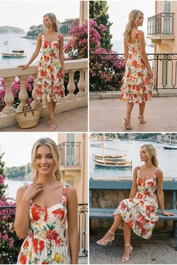 Robe Midi Imprimé Floral Rouge et Jaune - Estivale et Pétillante 5393-ROUGE