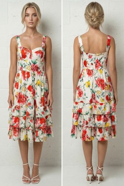 Robe Midi Imprimé Floral Rouge et Jaune - Estivale et Pétillante 5393-ROUGE