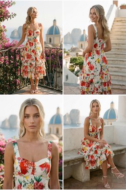 Robe Midi Imprimé Floral Rouge et Jaune - Estivale et Pétillante 5393-ROUGE
