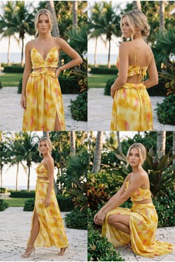 Robe Longue Jaune Imprimé Floral Fendue Découpes et Volants 6365-JAUNE