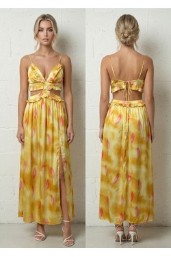 Robe Longue Jaune Imprimé Floral Fendue Découpes et Volants 6365-JAUNE