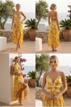 Robe Longue Jaune Imprimé Floral Fendue Découpes et Volants 6365-JAUNE