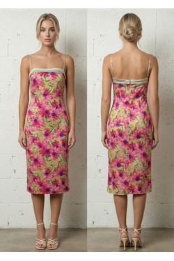 Robe Midi Moulante Vert Anis Imprimé Fleurs Roses Bretelles Satin 6562-ROSE