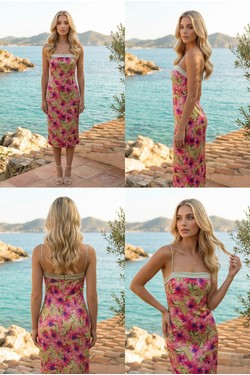 Robe Midi Moulante Vert Anis Imprimé Fleurs Roses Bretelles Satin 6562-ROSE