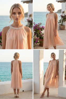 Robe Midi Bohème Rose Pâle Fluide Encolure Ornée Perles 6577-SAUMON