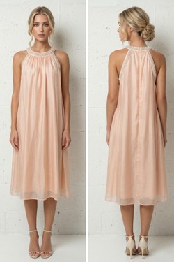 Robe Midi Bohème Rose Pâle Fluide Encolure Ornée Perles 6577-SAUMON
