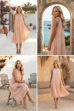 Robe Midi Bohème Rose Pâle Fluide Encolure Ornée Perles 6577-SAUMON