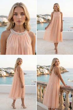 Robe Midi Bohème Rose Pâle Fluide Encolure Ornée Perles 6577-SAUMON