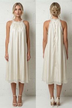 Robe Midi Bohème Rose Pâle Fluide Encolure Ornée Perles 6577-SAUMON