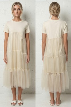 Robe T-shirt bi-matière en tulle 2612-JAUNE