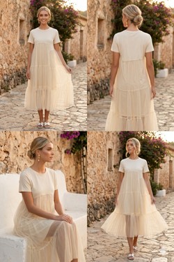 Robe T-shirt bi-matière en tulle 2612-JAUNE