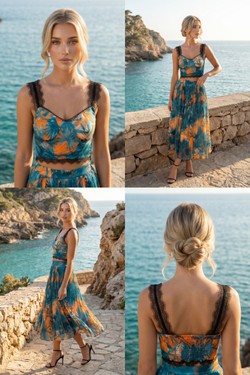 Ensemble Bleu Turquoise & Orange - Crop Top Bustier Dentelle & Jupe Midi Plissée Palmier 6213-BLEU