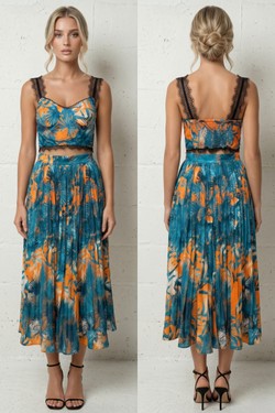 Ensemble Bleu Turquoise & Orange - Crop Top Bustier Dentelle & Jupe Midi Plissée Palmier 6213-BLEU