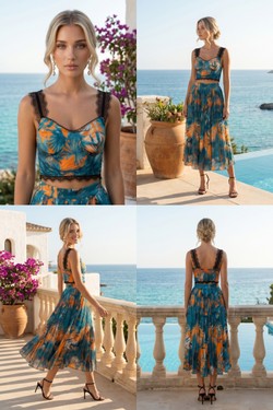 Ensemble Bleu Turquoise & Orange - Crop Top Bustier Dentelle & Jupe Midi Plissée Palmier 6213-BLEU