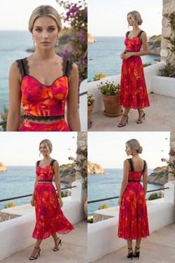 Ensemble Bleu Turquoise & Orange - Crop Top Bustier Dentelle & Jupe Midi Plissée Palmier 6213-BLEU