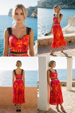 Ensemble Bleu Turquoise & Orange - Crop Top Bustier Dentelle & Jupe Midi Plissée Palmier 6213-BLEU