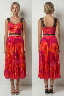 Ensemble Bleu Turquoise & Orange - Crop Top Bustier Dentelle & Jupe Midi Plissée Palmier 6213-BLEU