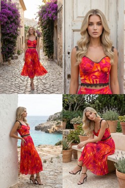 Ensemble Bleu Turquoise & Orange - Crop Top Bustier Dentelle & Jupe Midi Plissée Palmier 6213-BLEU