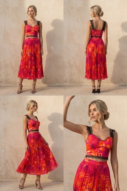 Ensemble Bleu Turquoise & Orange - Crop Top Bustier Dentelle & Jupe Midi Plissée Palmier 6213-BLEU
