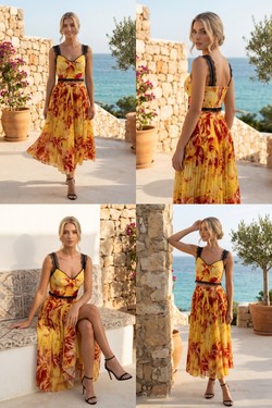Ensemble Bleu Turquoise & Orange - Crop Top Bustier Dentelle & Jupe Midi Plissée Palmier 6213-BLEU