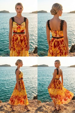 Ensemble Bleu Turquoise & Orange - Crop Top Bustier Dentelle & Jupe Midi Plissée Palmier 6213-BLEU