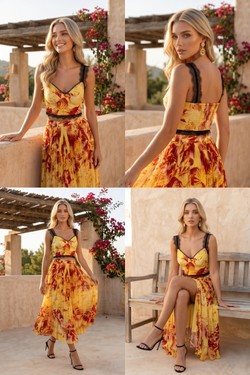 Ensemble Bleu Turquoise & Orange - Crop Top Bustier Dentelle & Jupe Midi Plissée Palmier 6213-BLEU